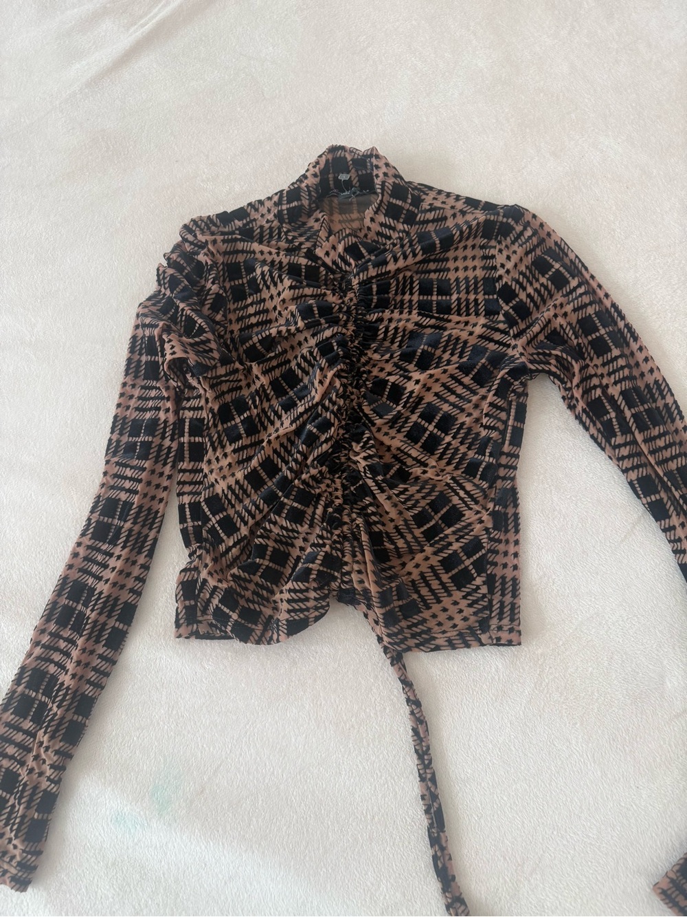 MINKPINK Plaid Ruched Long-Sleeve Top in Brown and Black